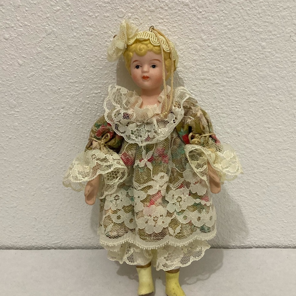 VTG Porcelain Doll headband bow Victorian dress attire lace ruffles ornament